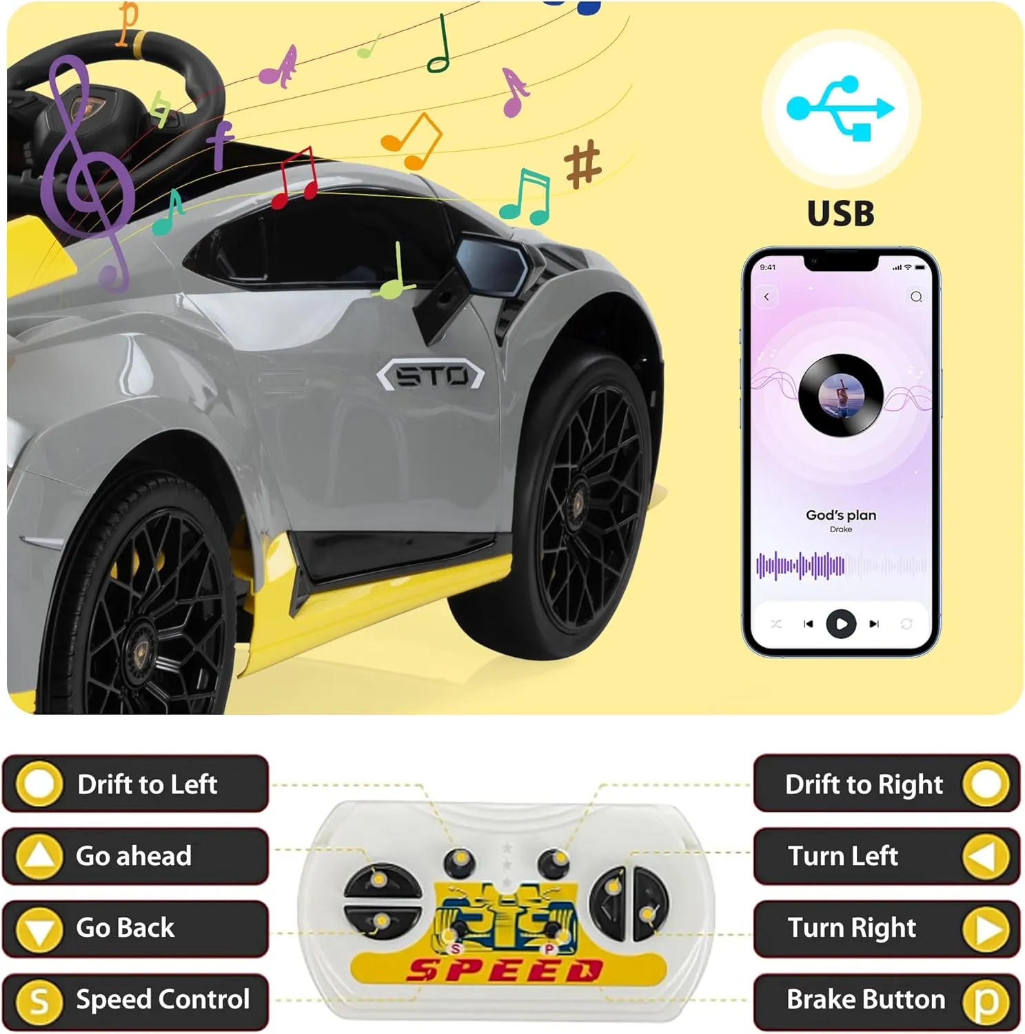 TOBBI Kids Ride on 24V Licensed Lamborghini STO Electric Car for Kids 3-8 Battery Powered Ride on Toys Lambo Sports Car with Remote Control Motorized Drift Vehicle High Speed 10km/h, Gray
