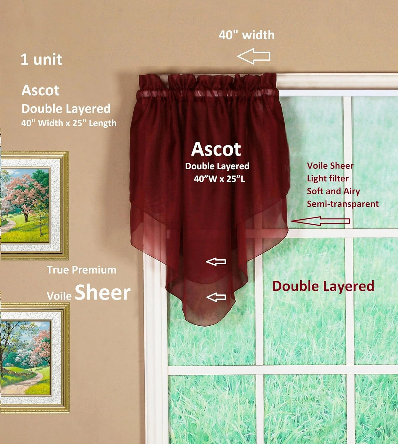 Today's Curtain Emelia Original Voile Ascot 25", Burgundy, 40" W x 25" L