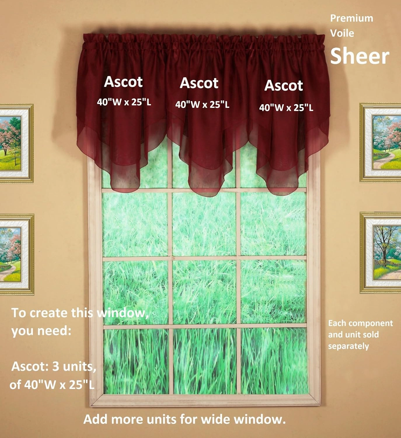 Today's Curtain Emelia Original Voile Ascot 25", Burgundy, 40" W x 25" L
