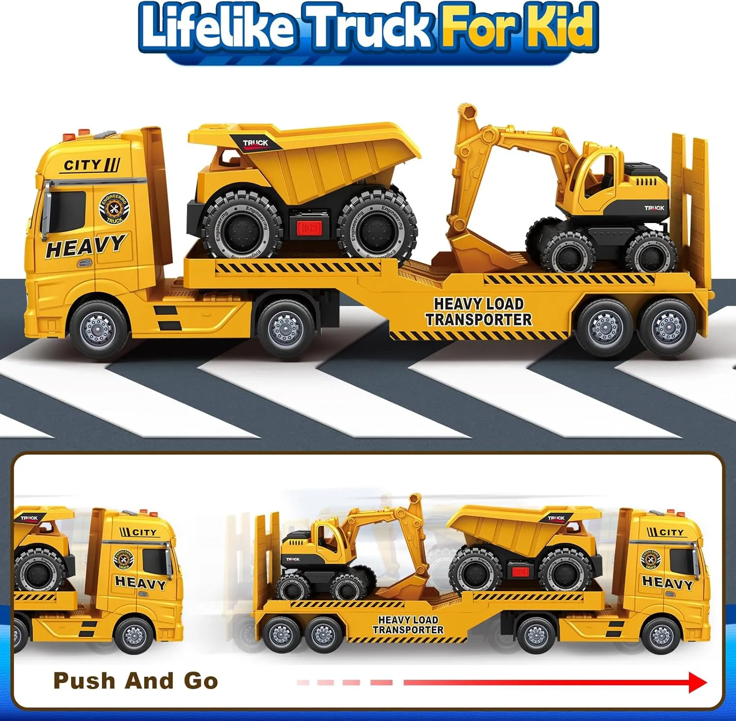 Toddler Boy Toys for 3 4 5 6 7 Years Kids, 25" Semi Construction Carrier Truck Toy with Excavator and Dump Truck, Friction Powered Toys with Lights and Sounds, Birthday for Boy Girls