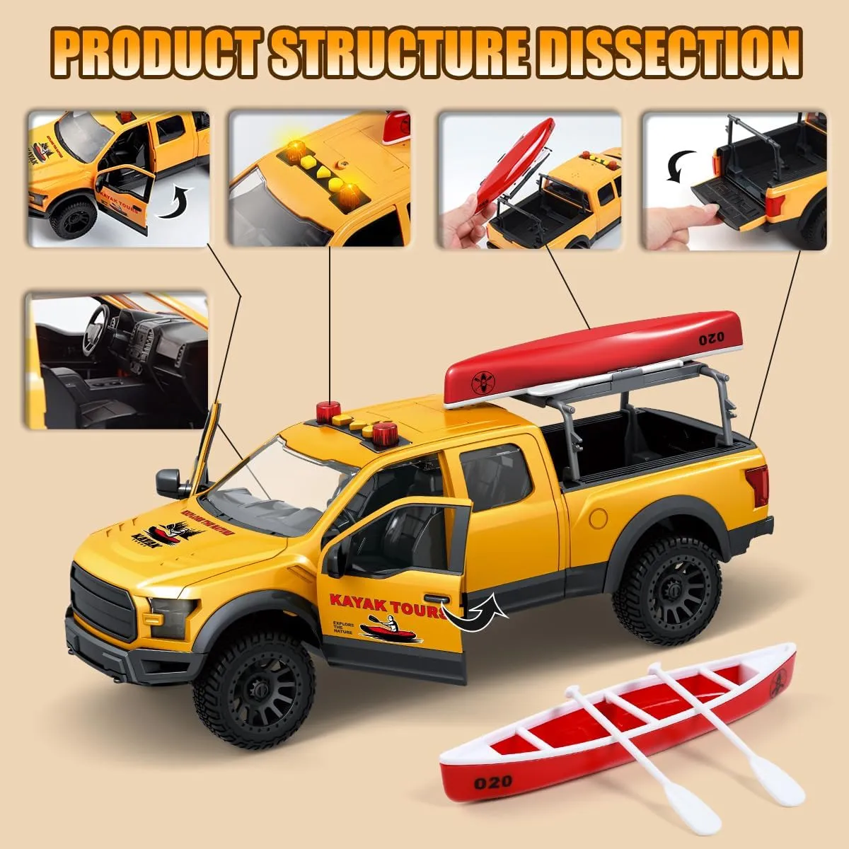 Toddler Toys Pickup Toy Truck Toy with Sound and Light Pull - Fun Cars, Music, Toys for Kids, Ages 3 4 5 6 Year Old Boys (Yellow Pickup Truck with Boat)