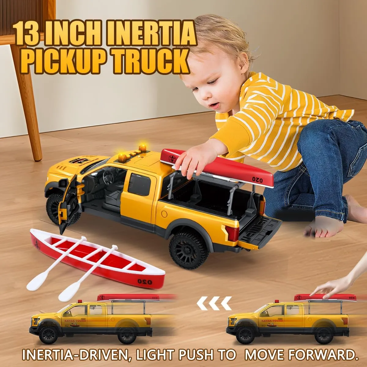 Toddler Toys Pickup Toy Truck Toy with Sound and Light Pull - Fun Cars, Music, Toys for Kids, Ages 3 4 5 6 Year Old Boys (Yellow Pickup Truck with Boat)