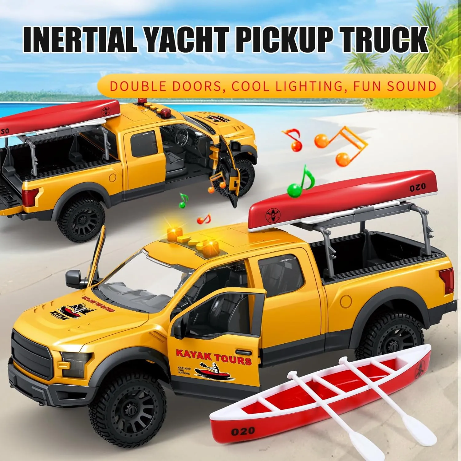 Toddler Toys Pickup Toy Truck Toy with Sound and Light Pull - Fun Cars, Music, Toys for Kids, Ages 3 4 5 6 Year Old Boys (Yellow Pickup Truck with Boat)