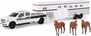 TOMY Ford F-350 Pickup Truck Toy - 1:32 Scale - Includes 3 Horse Toys and Horse Trailer - Farm and Construction Toys - Toddler Outdoor Toys Ages 3 Years and Up