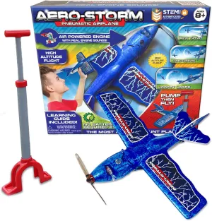 Top Secret Toys Aero-Storm Aerobatic Toy Stunt Plane (Blue) with Air Powered Engine, High Flying Trick Airplane, Propeller Powered by Hand Pump Pressurized Air, STEM Toy for Kids, Boys, Girls Ages 8 