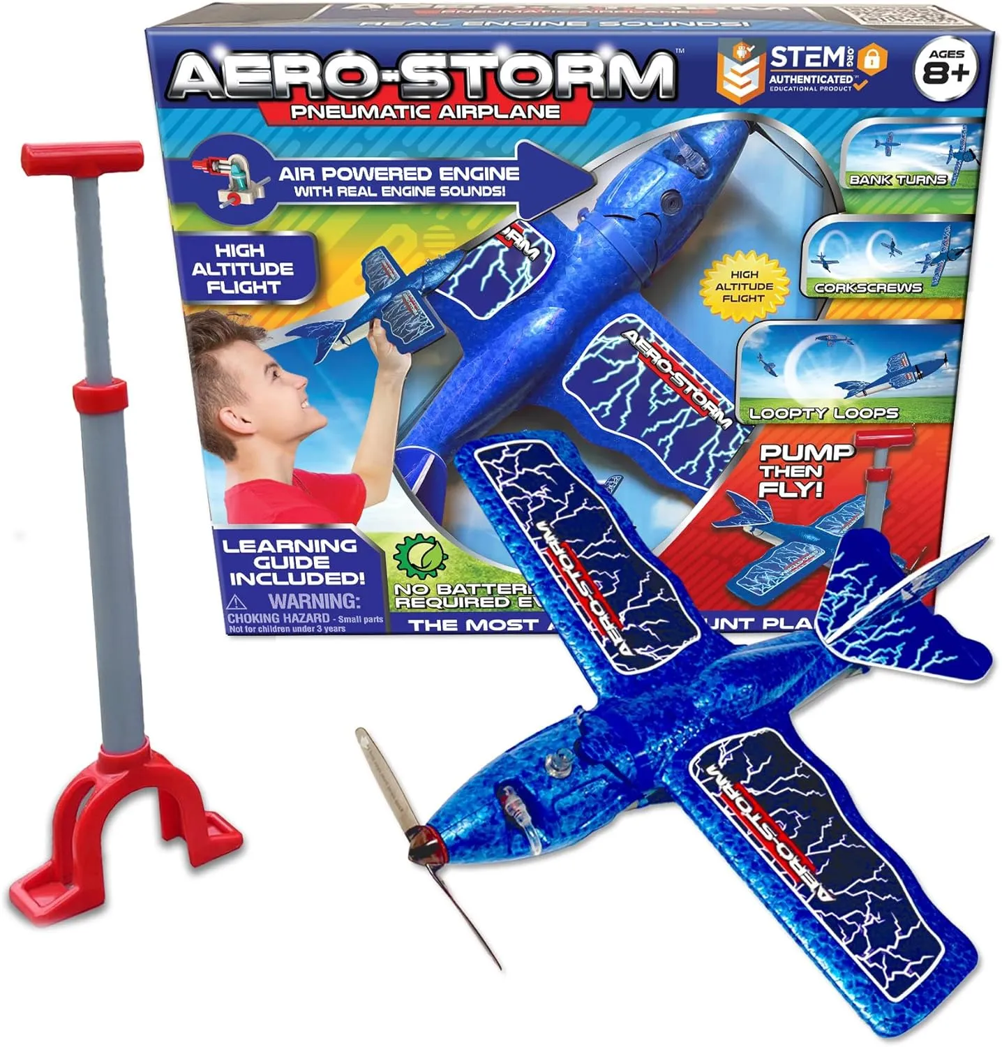 Top Secret Toys Aero-Storm Aerobatic Toy Stunt Plane (Blue) with Air Powered Engine, High Flying Trick Airplane, Propeller Powered by Hand Pump Pressurized Air, STEM Toy for Kids, Boys, Girls Ages 8 