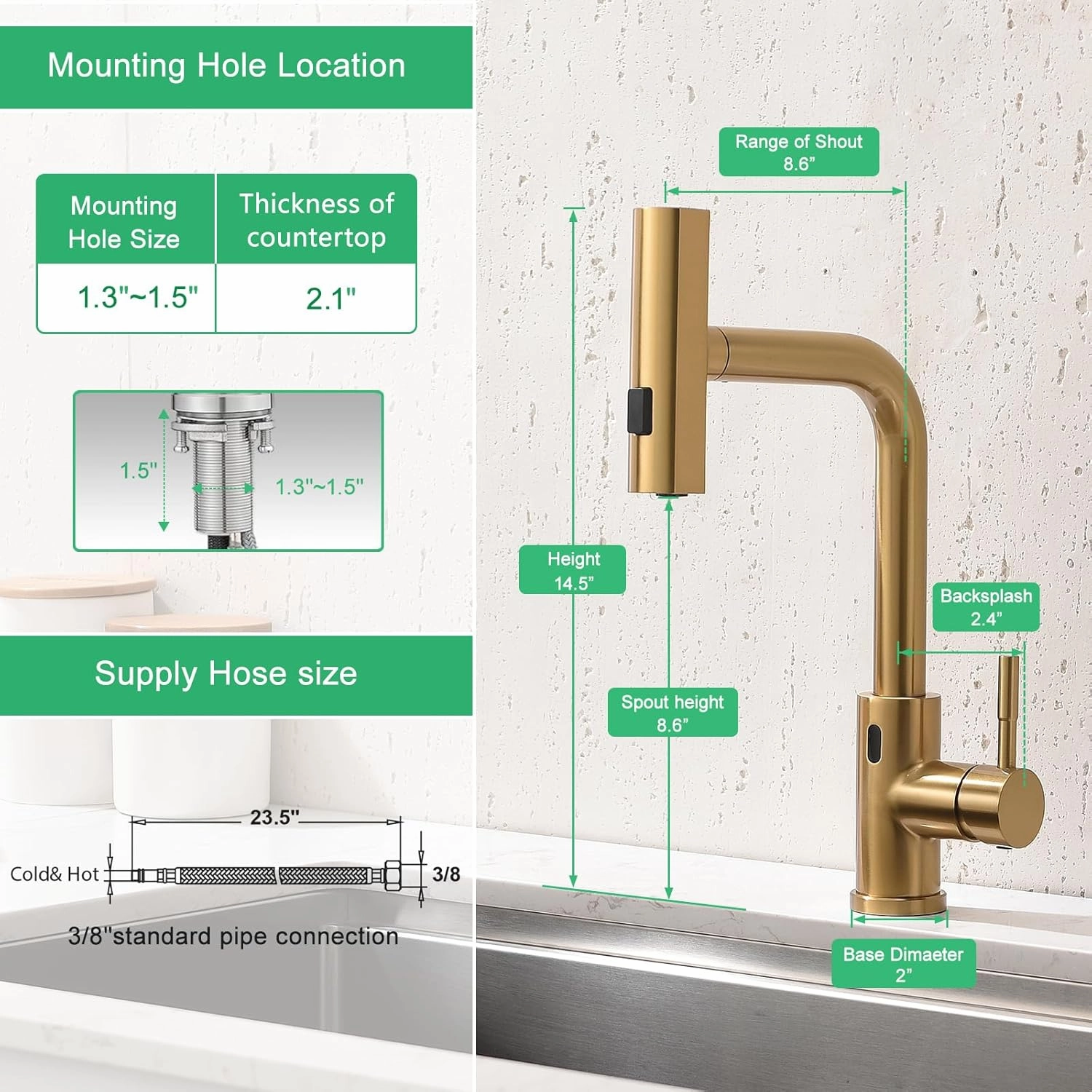 Touchless Kitchen Faucet Motion Sensor Hands Free Single Handle Kitchen Sink Faucet with Pull Down Sprayer Brusshed Gold