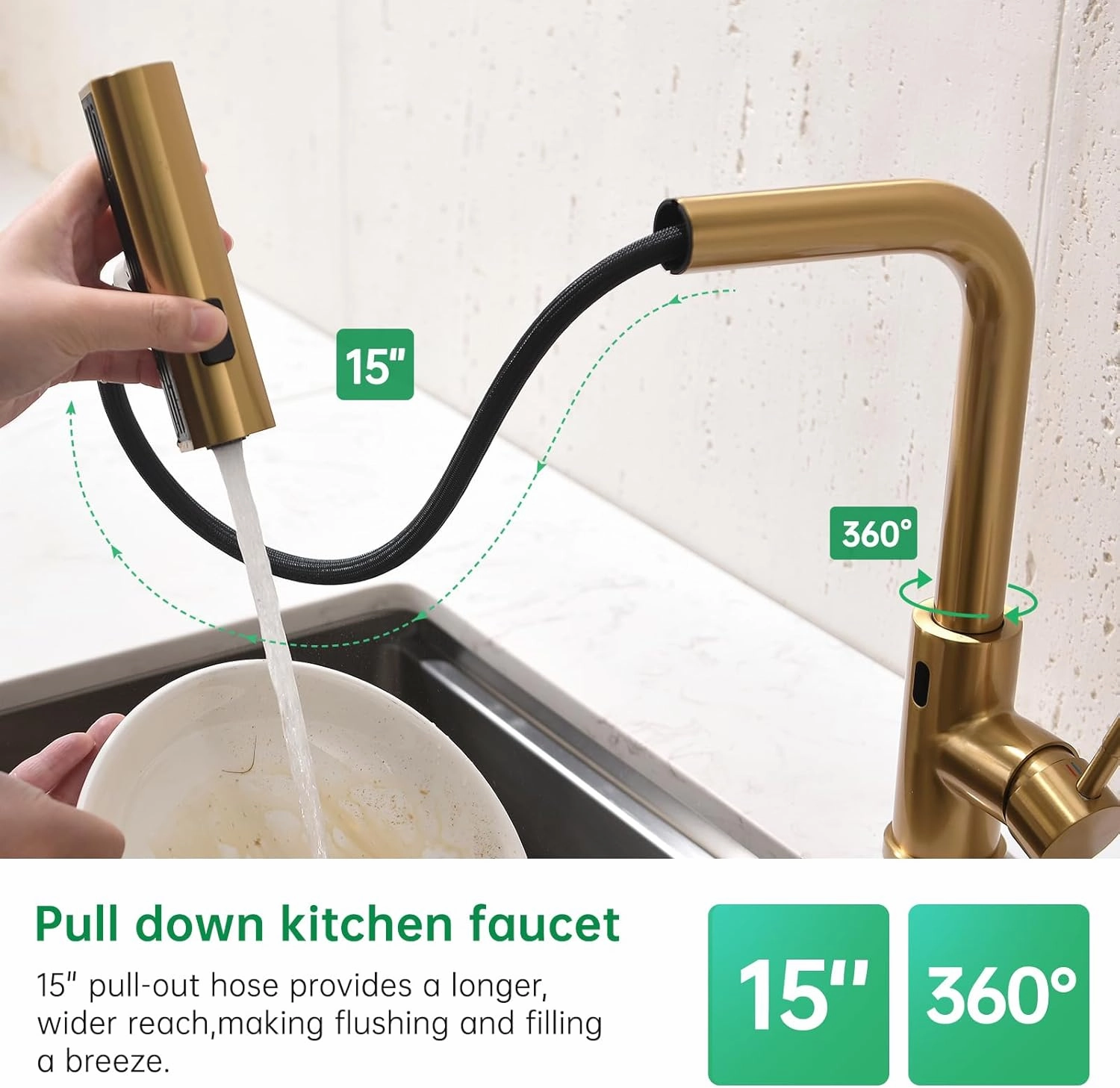 Touchless Kitchen Faucet Motion Sensor Hands Free Single Handle Kitchen Sink Faucet with Pull Down Sprayer Brusshed Gold