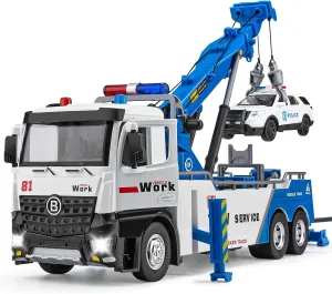 Tow Truck Toy for Kids, Metal Tow Truck with Crane Toy Model with Lights and Sounds, Construction Vehicles for 3 4 5 6 7 8 Years Old Boys