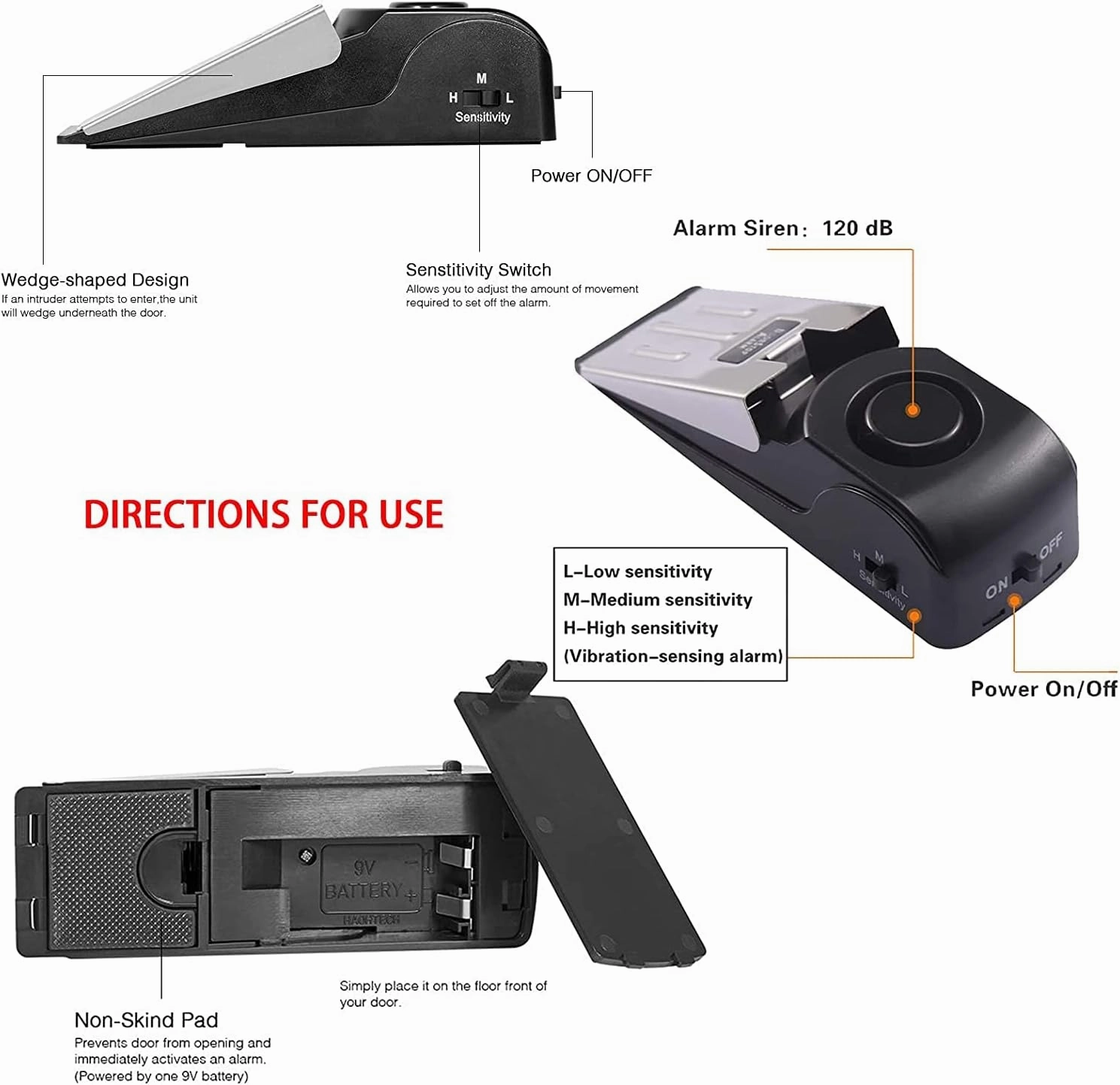 TOWODE Door Stop Alarm with 120DB Siren Door Stop for Home & Travel (Black) (Pack of 4)