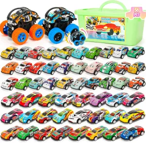 Toy Cars for Kids Ages 4-8, 56Pcs Monster Truck Toys Pull Back Cars with Storage Box, Race Cars Party Favors for Toddler Toys Pinata Goodie Bag Stuffers Christmas Treasure Box Classroom Prizes