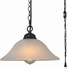 Traditional Plug in Pendant Light Fixture Alabaster Glass Shade, Black Hanging Lamp with Dimmable Switch,16.4Ft Cord & 14.7Ft Chain for Kitchen Sink Corner Nook
