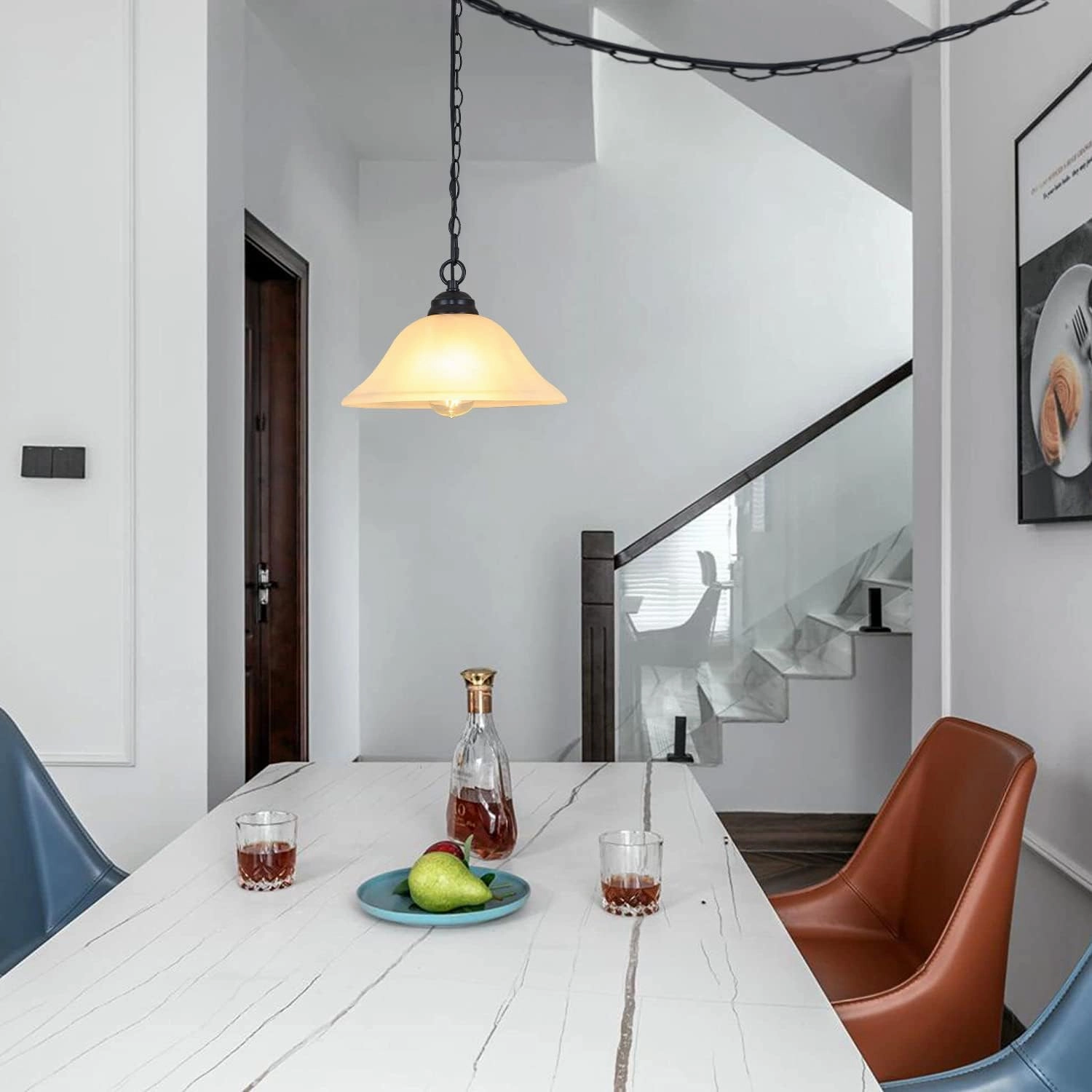 Traditional Plug in Pendant Light Fixture Alabaster Glass Shade, Black Hanging Lamp with Dimmable Switch,16.4Ft Cord & 14.7Ft Chain for Kitchen Sink Corner Nook