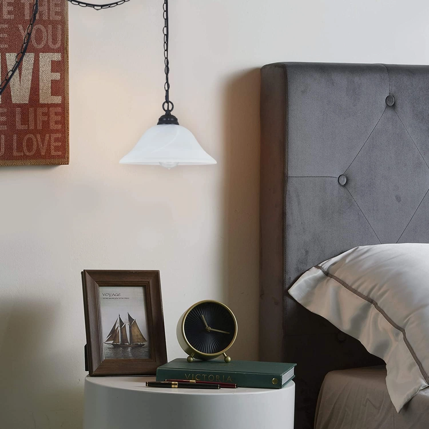 Traditional Plug in Pendant Light Fixture Alabaster Glass Shade, Black Hanging Lamp with Dimmable Switch,16.4Ft Cord & 14.7Ft Chain for Kitchen Sink Corner Nook