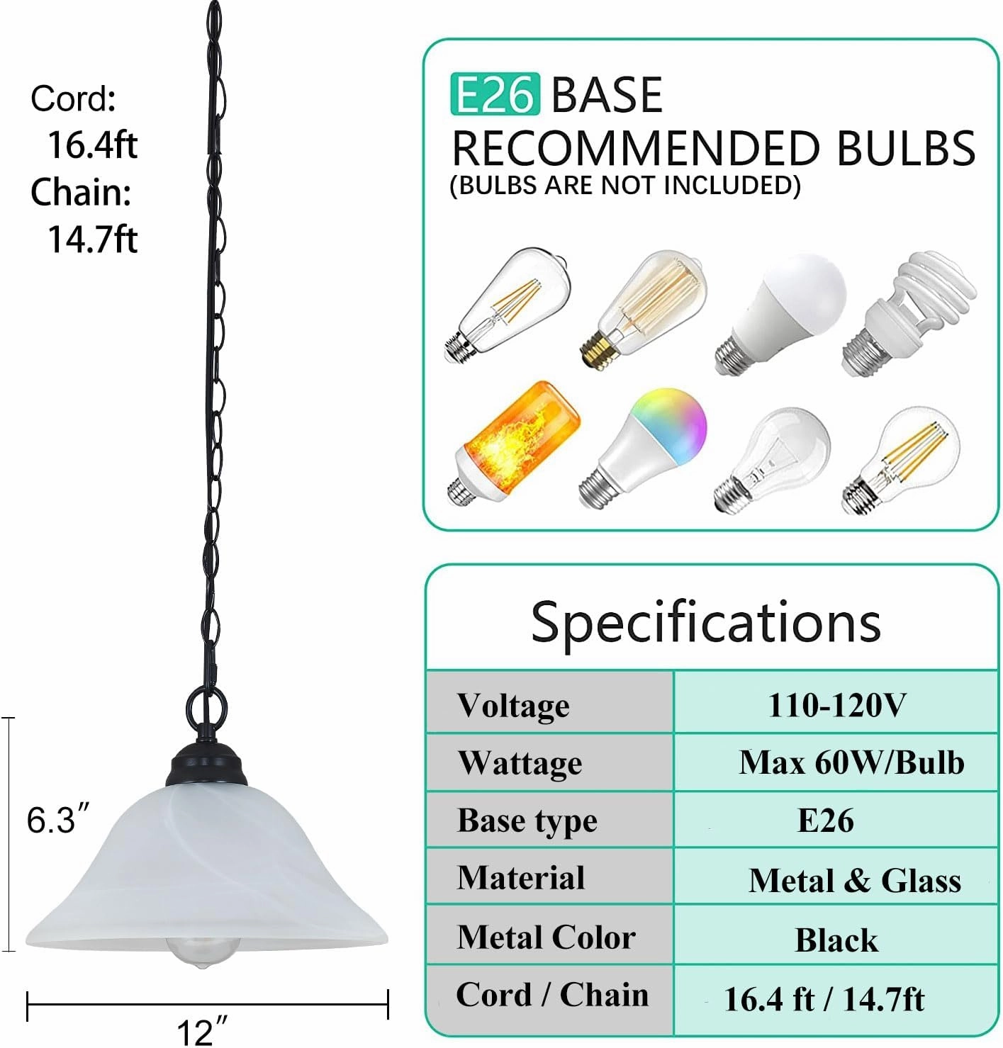 Traditional Plug in Pendant Light Fixture Alabaster Glass Shade, Black Hanging Lamp with Dimmable Switch,16.4Ft Cord & 14.7Ft Chain for Kitchen Sink Corner Nook