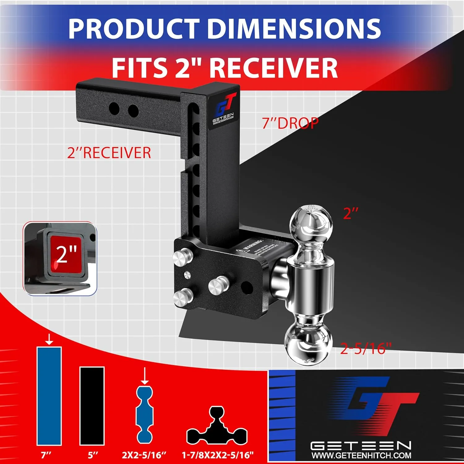 Trailer Hitches, Adjustable Trailer Hitch Ball Mount - Fits 2.0" Receiver, Tri-Ball (1-7/8" x 2" x 2-5/16"), 7" Drop, 10,000 GTW - GT20073B