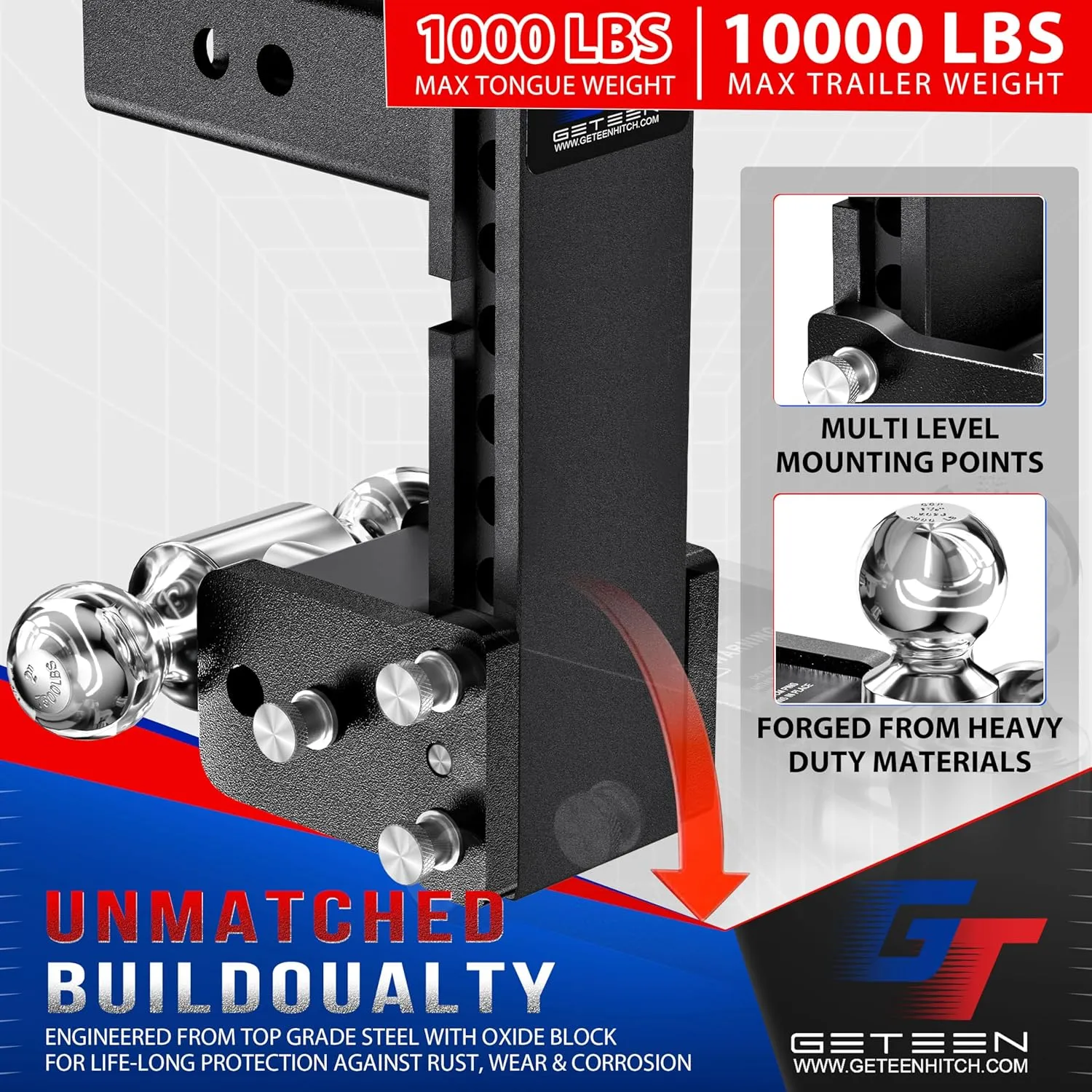 Trailer Hitches, Adjustable Trailer Hitch Ball Mount - Fits 2.0" Receiver, Tri-Ball (1-7/8" x 2" x 2-5/16"), 7" Drop, 10,000 GTW - GT20073B