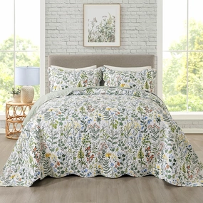 Travan 3-Piece Quilt Set Quilted Bedspread Lightweight Coverlet Set Garden Style Floral Printed Oversized Quilted Bedding Set with Shams for All Season, Exquisite, Queen Size