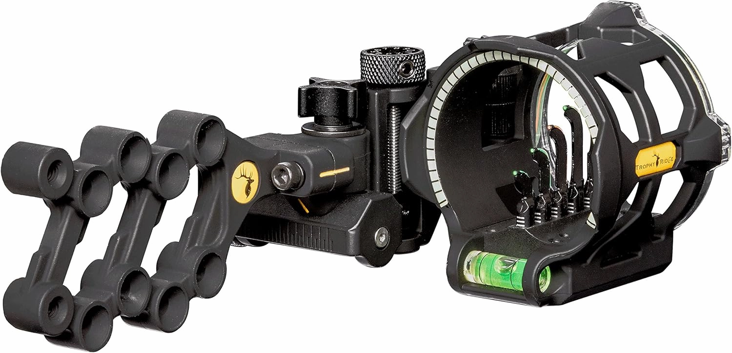 Trophy Ridge Peak 5 Pin Bow Sight - Vertical in-Line Pin Technology, Tool Less Windage and Elevation Adustability, 2nd Axis Leveling, Adjustable Rheostat Light, Glow Ring