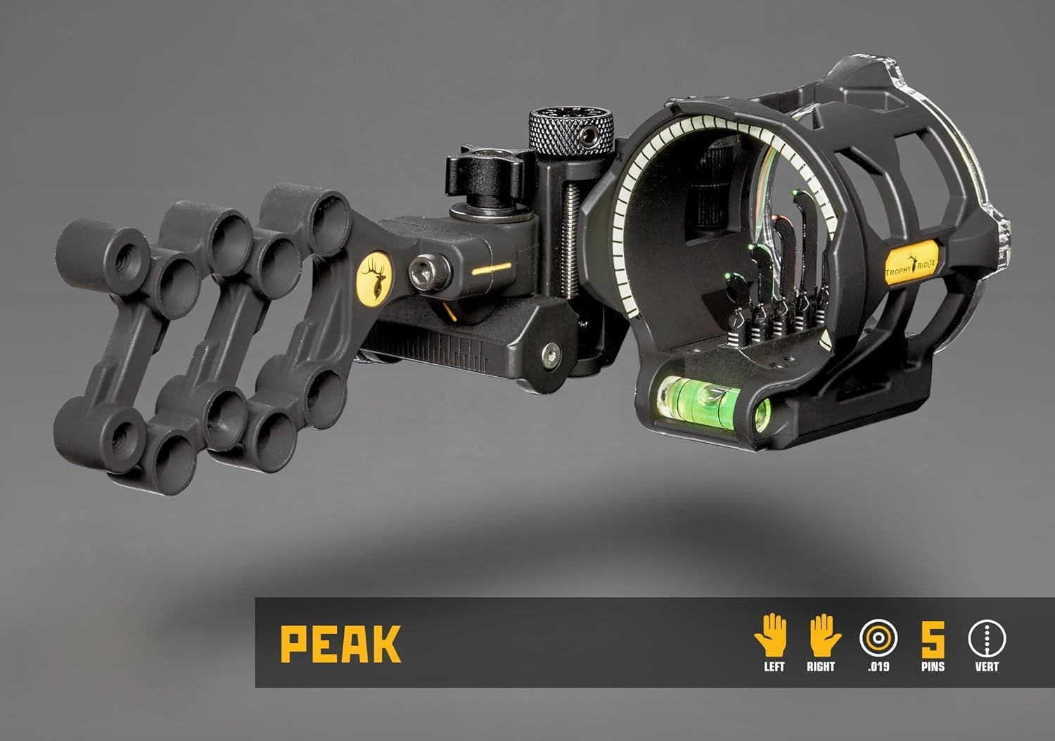 Trophy Ridge Peak 5 Pin Bow Sight - Vertical in-Line Pin Technology, Tool Less Windage and Elevation Adustability, 2nd Axis Leveling, Adjustable Rheostat Light, Glow Ring
