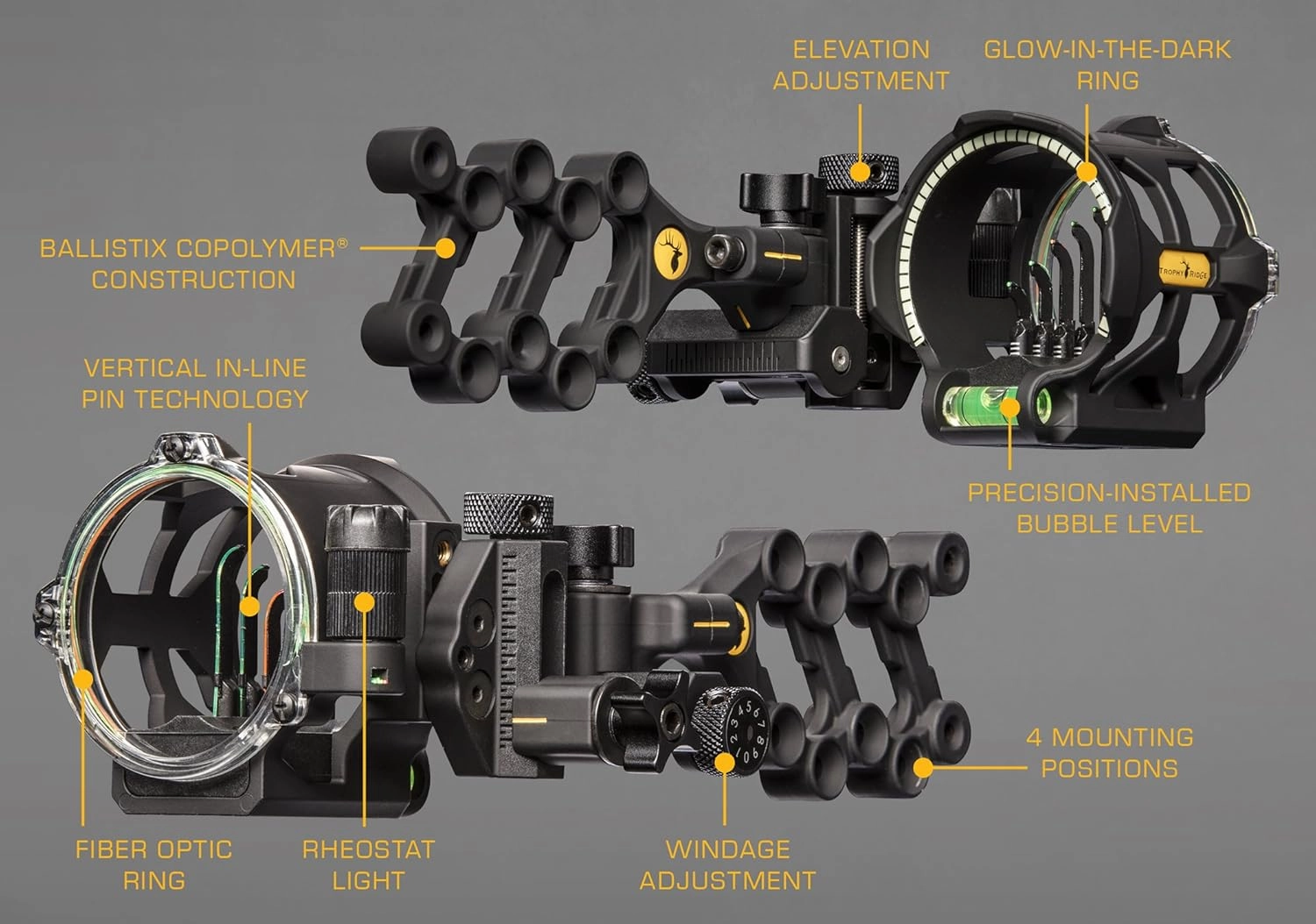Trophy Ridge Peak 5 Pin Bow Sight - Vertical in-Line Pin Technology, Tool Less Windage and Elevation Adustability, 2nd Axis Leveling, Adjustable Rheostat Light, Glow Ring