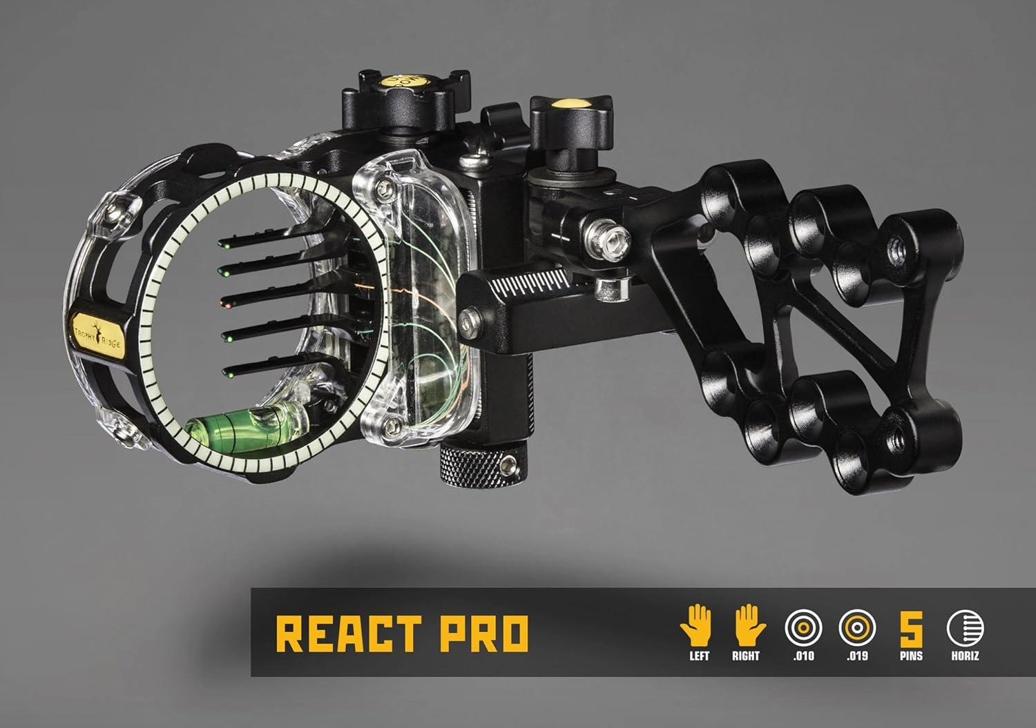 Trophy Ridge React Pro 5 Pin Bow Sight - Lighter, Stronger, More Reliable - Tool Less Windage and Elevation Adustability, 2nd/3rd Axis Leveling, Adjustable Click Light, Glow Ring