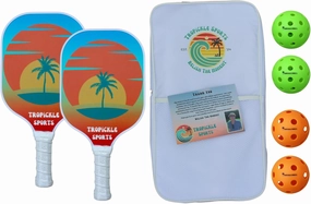 Tropical Pickleball Paddle Set - High Performance Lightweight and Durable Paddle Set of 2 with Carrying Case - 4 Pickleballs - Fiberglass Surface with Polypropylene Honeycomb Core