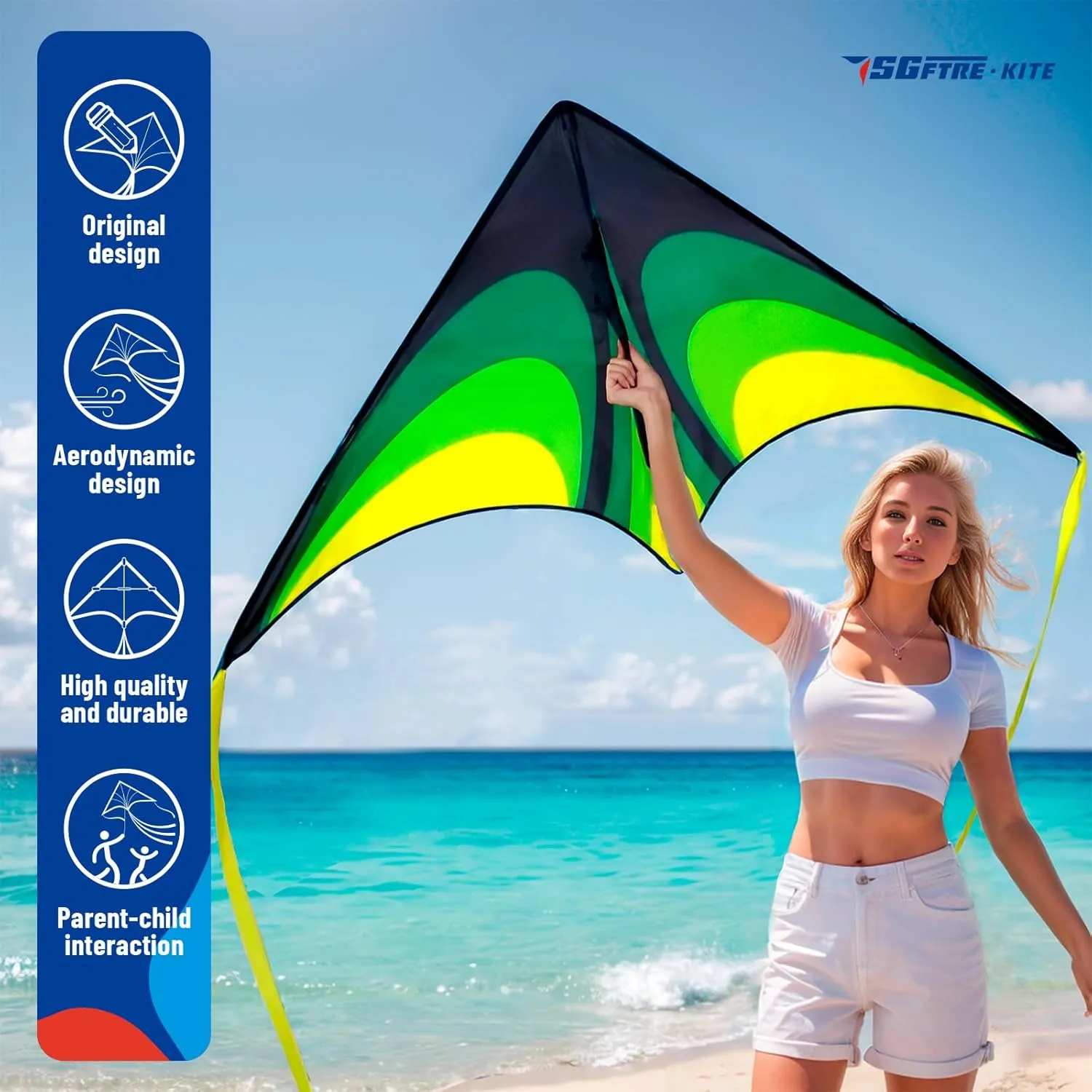 Two Piece Large Delta Kite for Kids & Adults Easy to Fly,Beach Trip Outdoor Games Single Line String with Tail,Easy Flying Colorful Life Delta Huge Kite(Green Blue, 2)