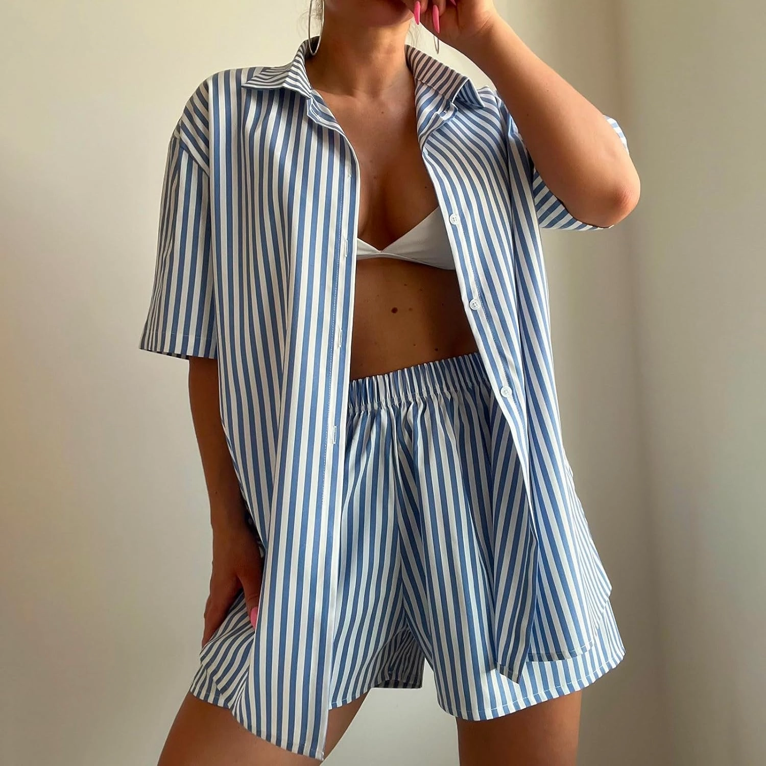 Two Piece Short Set for Women Matching Outfits Short Sleeve Top and Shorts Loungewear Lightweight Trendy Sweat Suits