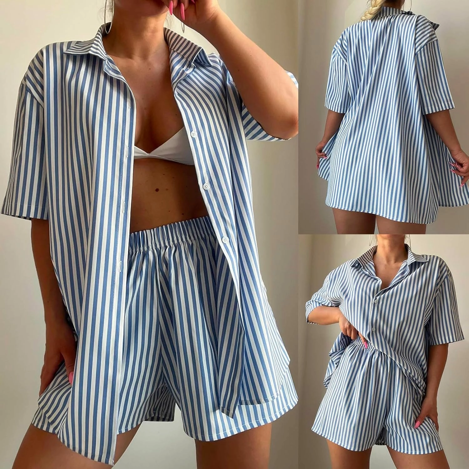 Two Piece Short Set for Women Matching Outfits Short Sleeve Top and Shorts Loungewear Lightweight Trendy Sweat Suits