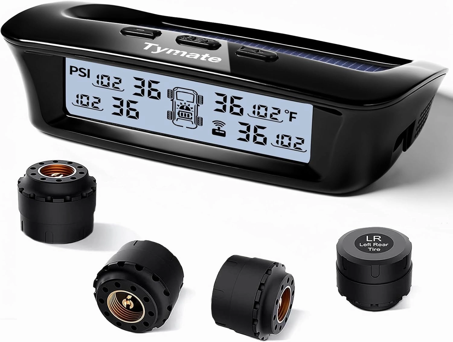 Tymate RV Tire Pressure Monitoring System - M12-3 Tire Pressure Monitor System (0-87 PSI) with Solar Charge, 5 Alarm Modes, Auto Sleep Mode, LCD Display, RV TPMS with 4 Sensors, Easy to Install
