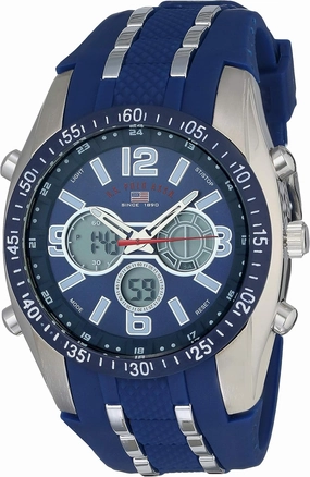 U.S. Polo Assn. Men's Sport Watch with Analog-Digital Display, Blue Silicone Strap, Backlight Timer Alarm Day Date, 44mm Case, Fits Wrists 6.5" to 8.5"