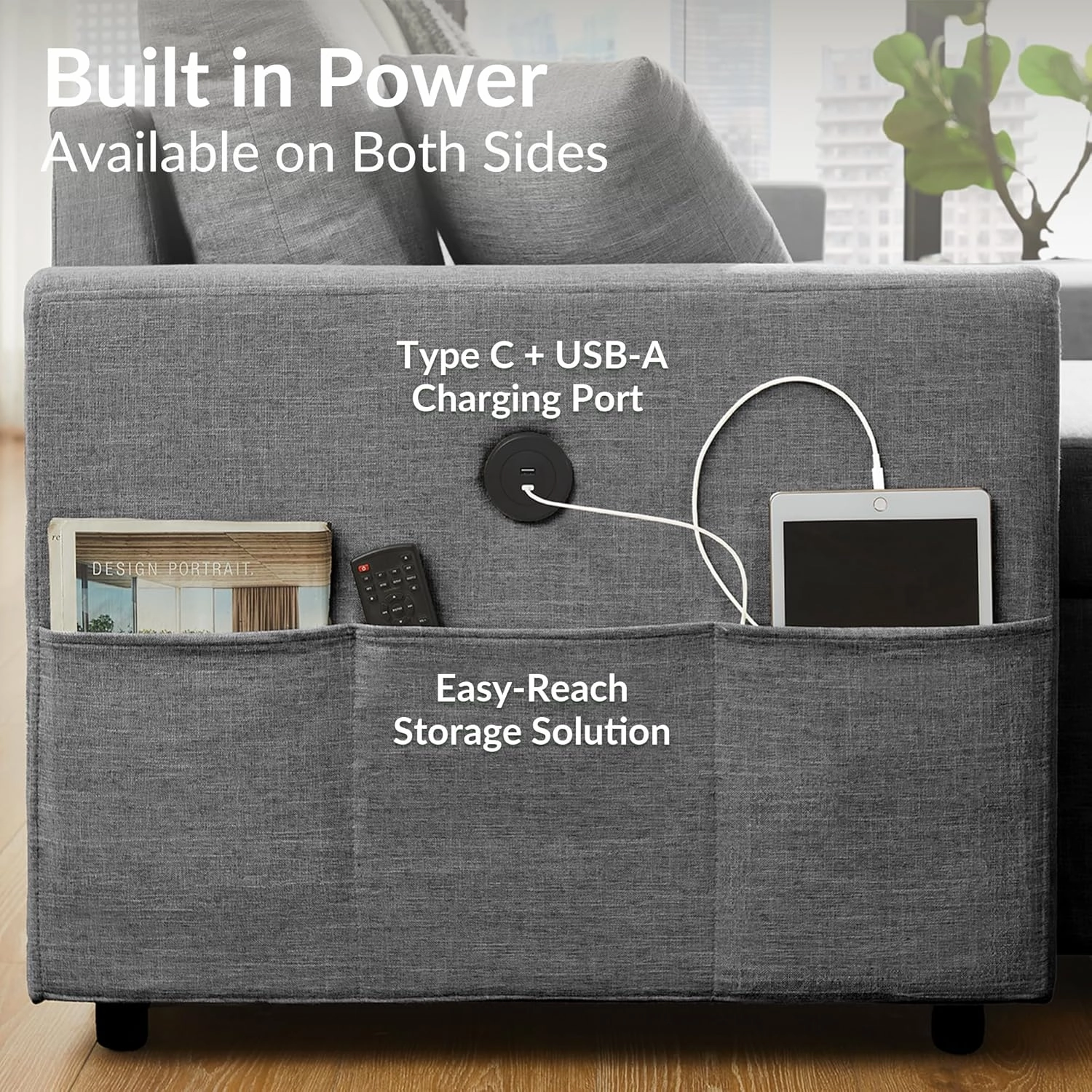 U Shaped Convertible Sleeper Sofa Bed, 108" Sectional Couch for Living Room - Dual USB-C Charging, Pull Out Bed, Reversible Chaise with Storage & Pockets, Removable & Washable Dark Grey Covers