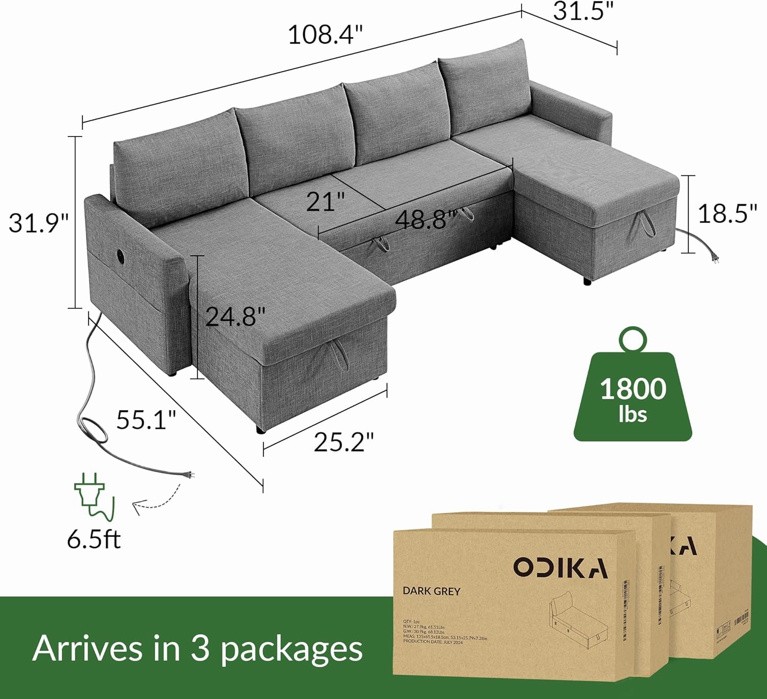 U Shaped Convertible Sleeper Sofa Bed, 108" Sectional Couch for Living Room - Dual USB-C Charging, Pull Out Bed, Reversible Chaise with Storage & Pockets, Removable & Washable Dark Grey Covers