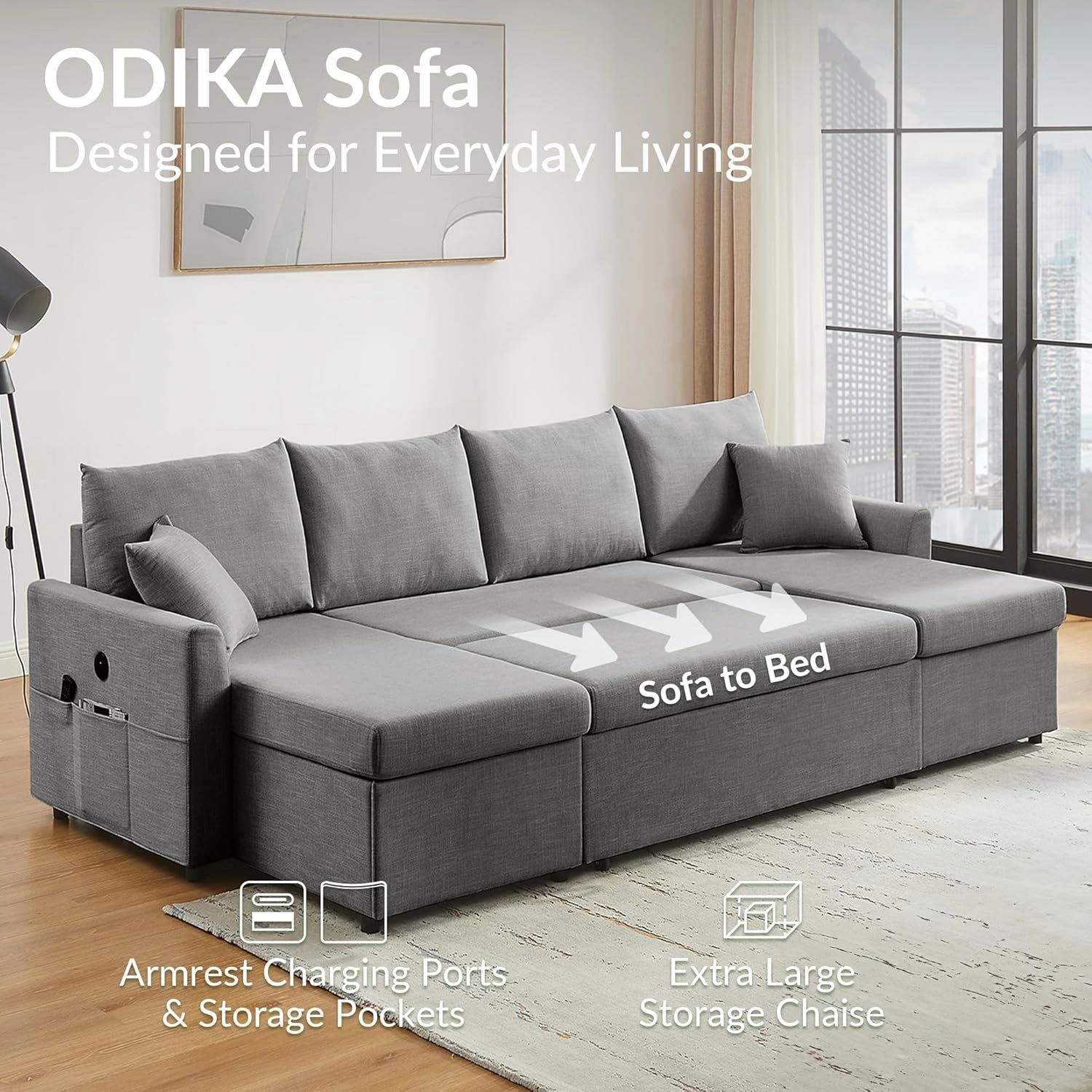 U Shaped Convertible Sleeper Sofa Bed, 108" Sectional Couch for Living Room - Dual USB-C Charging, Pull Out Bed, Reversible Chaise with Storage & Pockets, Removable & Washable Dark Grey Covers