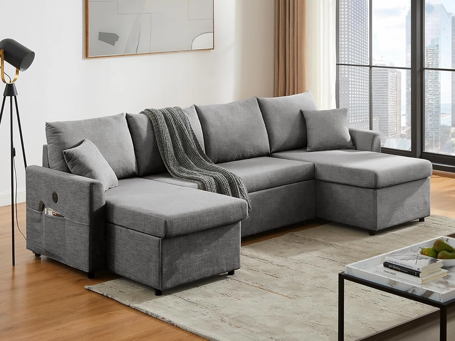 U Shaped Convertible Sleeper Sofa Bed, 108" Sectional Couch for Living Room - Dual USB-C Charging, Pull Out Bed, Reversible Chaise with Storage & Pockets, Removable & Washable Dark Grey Covers