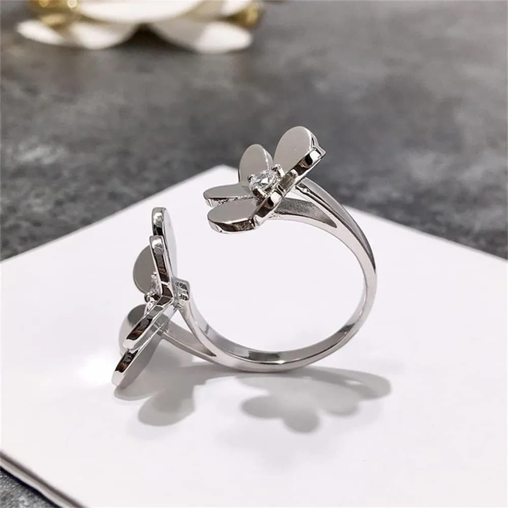 u/b Glossy Thicken Double Clover Ring Women 18k Gold Plating Luxury Jewelry Shine Cubic Zirconia Adjustable Rings Fashion Jewelry