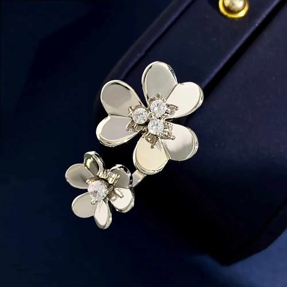 u/b Glossy Thicken Double Clover Ring Women 18k Gold Plating Luxury Jewelry Shine Cubic Zirconia Adjustable Rings Fashion Jewelry
