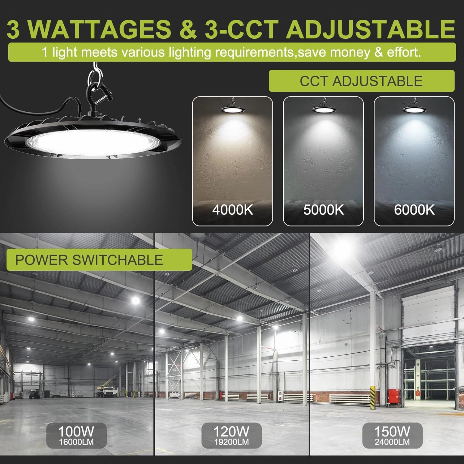 UFO LED High Bay Lights 150W-120W-100W Adjustable Commercial Bay Lighting 24000lm 6000K/5000K/4000K 0-10V Dimmable Plug-in for Warehouse Workshop 5 Pack