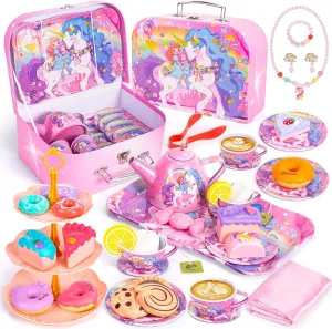 Unicorn Tea Party Set for Little Girls, Toddler Princess Toy Tea Set, Pretend Play Teapot Dessert Tea Cup Set Food Kitchen Playset, Birthday Unicorn Gift for 3 4 5 6 7 8 Year Old Girl