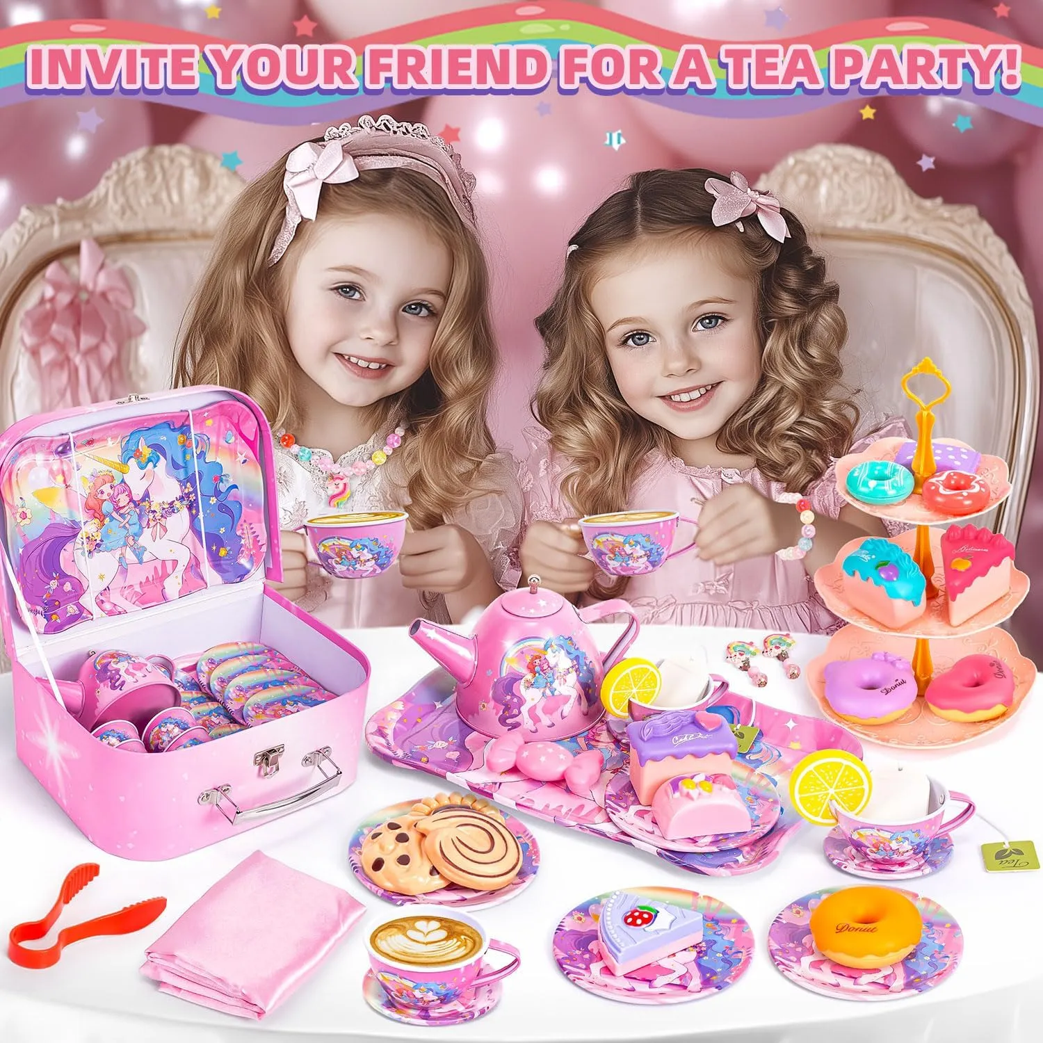 Unicorn Tea Party Set for Little Girls, Toddler Princess Toy Tea Set, Pretend Play Teapot Dessert Tea Cup Set Food Kitchen Playset, Birthday Unicorn Gift for 3 4 5 6 7 8 Year Old Girl