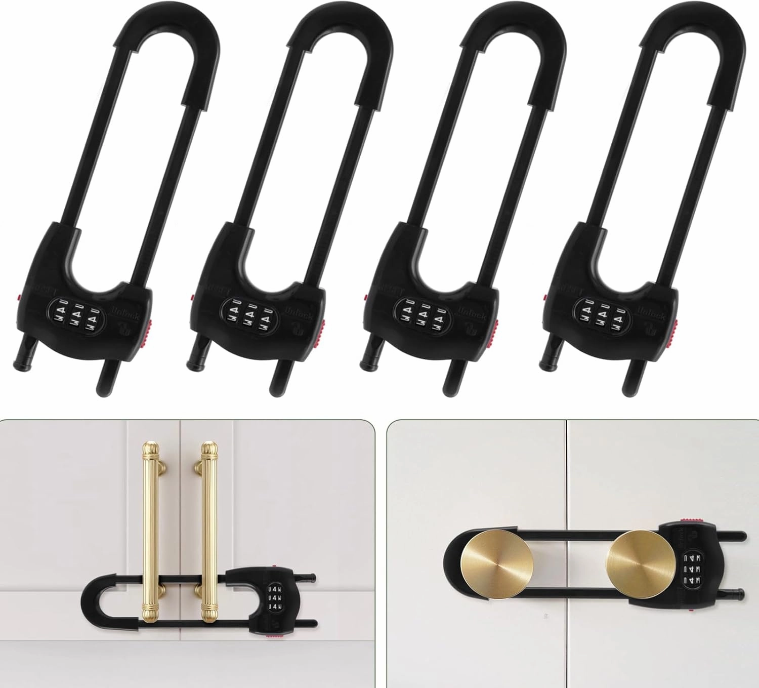 Upgrade 4 Packs Sliding Cabinet Locks, Baby Proofing U-Shaped Child Safety Latches Adjustable White Locks for Handles Knobs Drawers - Black