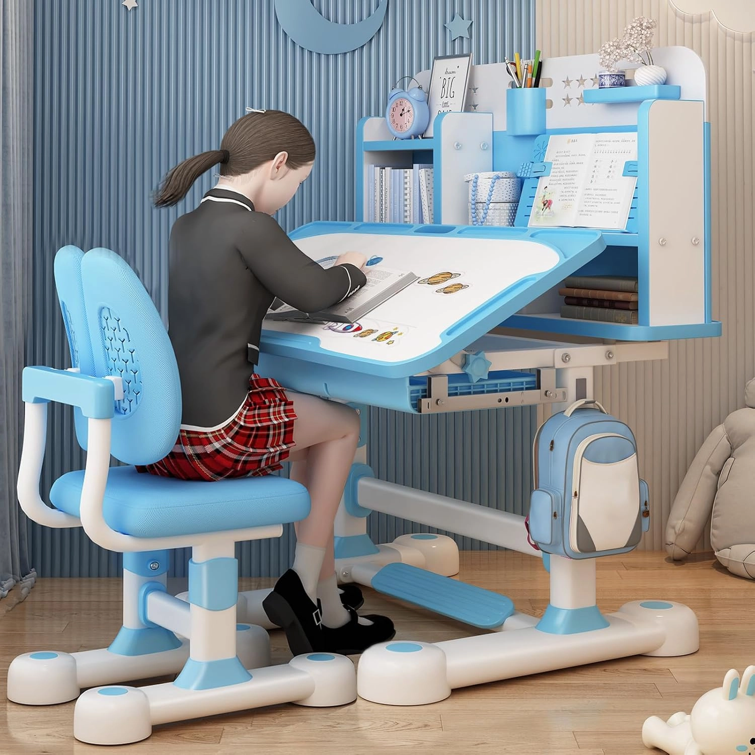 Upgraded Kid's Desk and Chair Set, Adjustable Children's Study Table with Bookshelf and Storage Drawer, 50-Degree Tiltable Desktop with Chair for Bedroom (Blue 117cm)