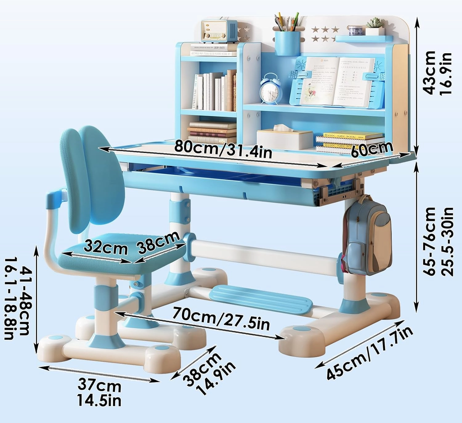Upgraded Kid's Desk and Chair Set, Adjustable Children's Study Table with Bookshelf and Storage Drawer, 50-Degree Tiltable Desktop with Chair for Bedroom (Blue 117cm)