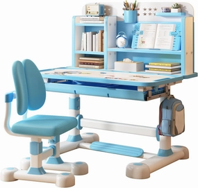 Upgraded Kid's Desk and Chair Set, Adjustable Children's Study Table with Bookshelf and Storage Drawer, 50-Degree Tiltable Desktop with Chair for Bedroom (Blue 117cm)