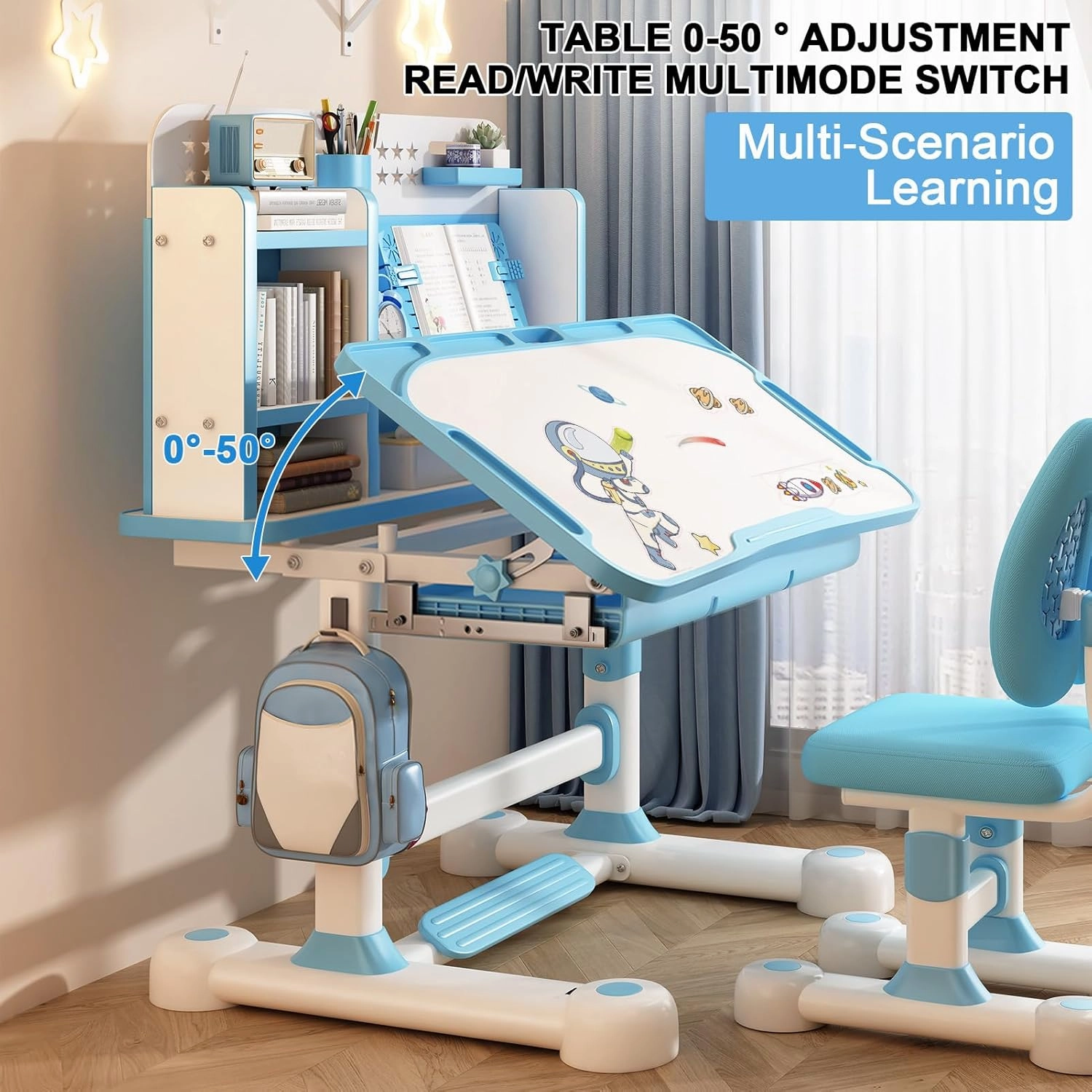 Upgraded Kid's Desk and Chair Set, Adjustable Children's Study Table with Bookshelf and Storage Drawer, 50-Degree Tiltable Desktop with Chair for Bedroom (Blue 117cm)
