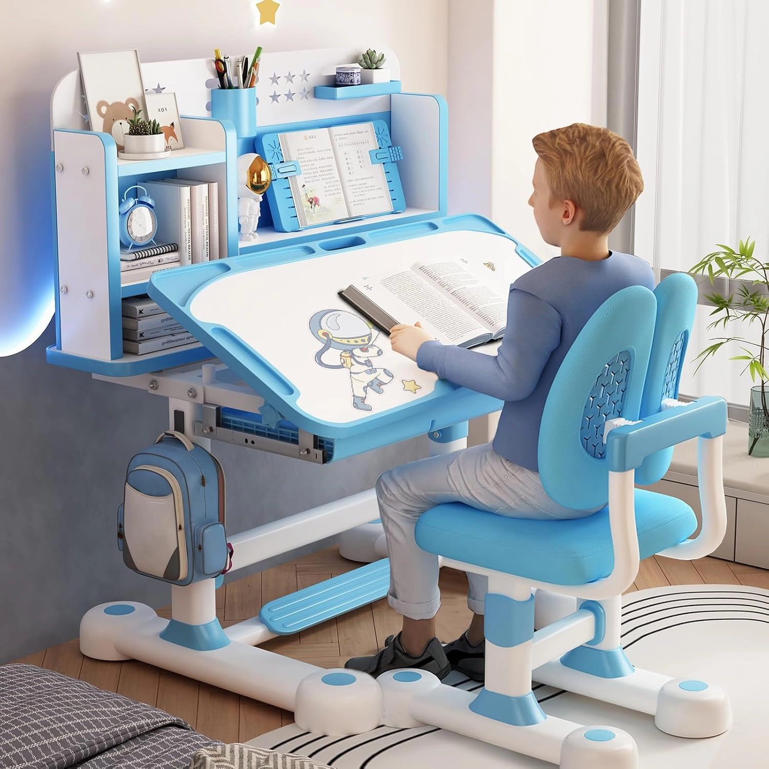 Upgraded Kid's Desk and Chair Set, Adjustable Children's Study Table with Bookshelf and Storage Drawer, 50-Degree Tiltable Desktop with Chair for Bedroom (Blue 117cm)