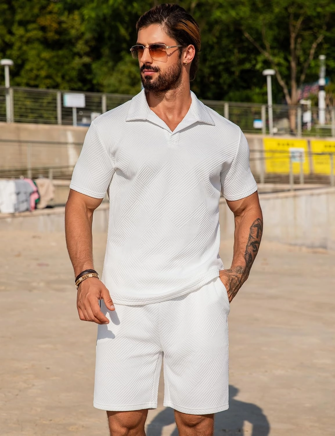 URRU Men's 2 Piece Short Sets Summer Outfits Short Sleeve Polo Shirt and Shorts Set Casual Beach Outfits