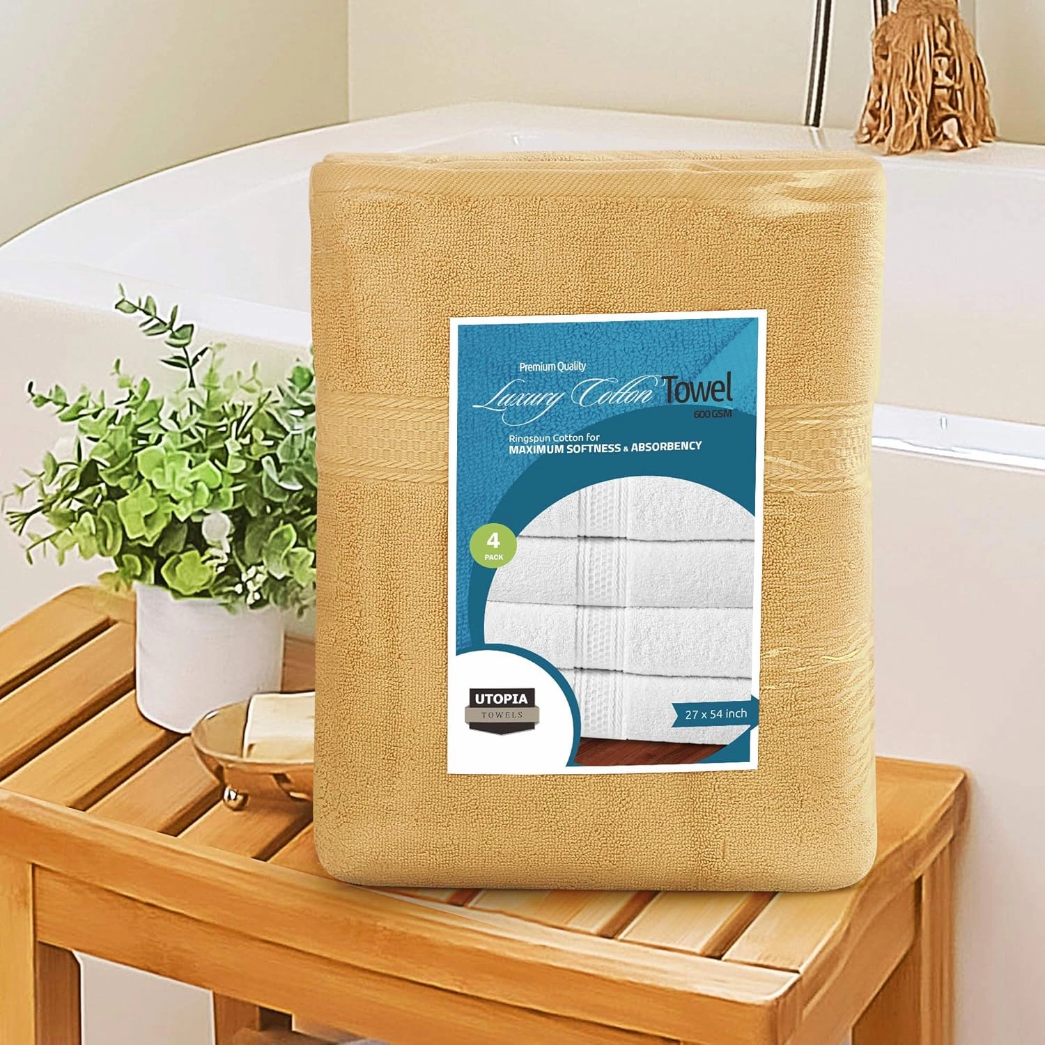 Utopia Towels 4 Pack Premium Bath Towels Set, 27 by 54 Inches, 100% Ring Spun Cotton 600GSM, Lightweight and Highly Absorbent Quick Drying Towels, Perfect for Daily Use, Beige