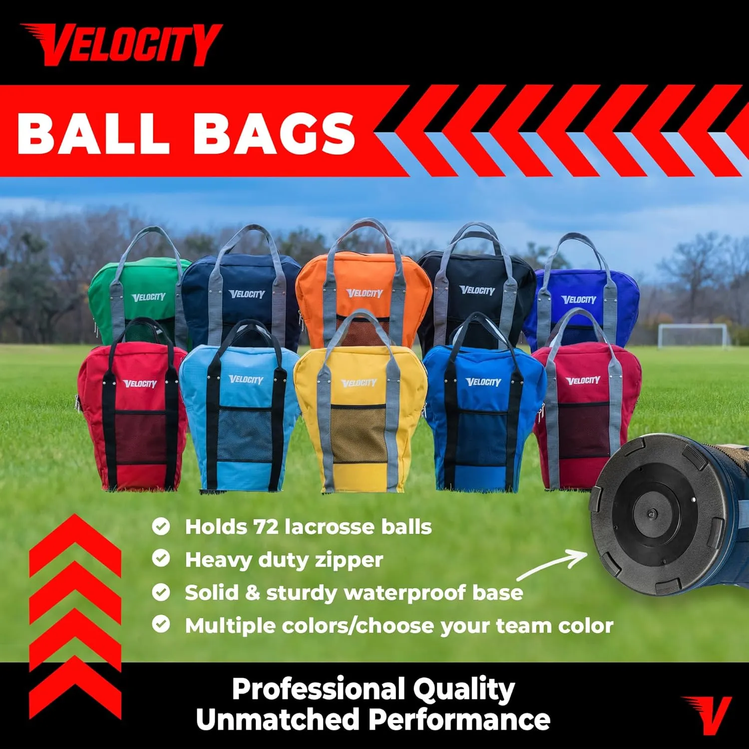 Velocity Heavy Duty Multipurpose Ball Bag with Durable Bottom - Holds up to 60-72 Balls - Ideal for Lacrosse, Baseball, Pickleball, Tennis & More